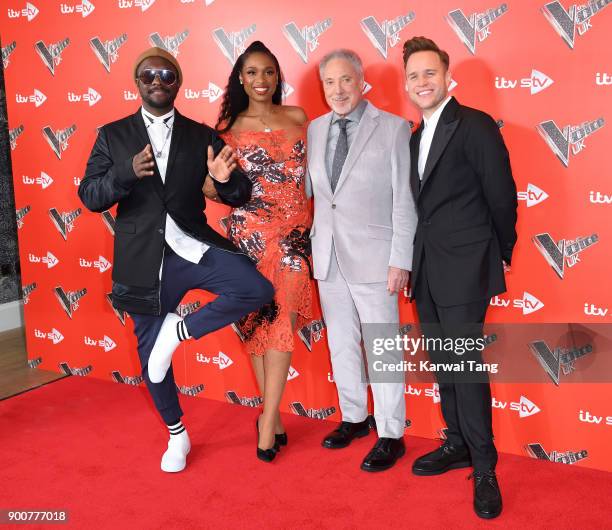 Will.i.am, Jennifer Hudson, Sir Tom Jones and Olly Murs attend The Voice UK Launch photocall at Ham Yard Hotel on January 3, 2018 in London, England.