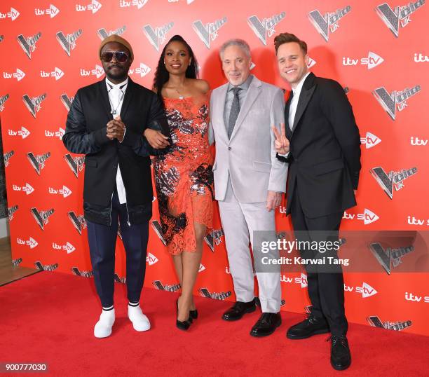 Will.i.am, Jennifer Hudson, Sir Tom Jones and Olly Murs attend The Voice UK Launch photocall at Ham Yard Hotel on January 3, 2018 in London, England.