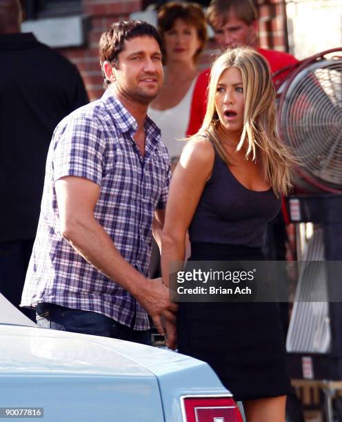 Actor Gerard Butler and actress Jennifer Aniston seen on the Streets of Manhattan on August 24, 2009 in New York City.