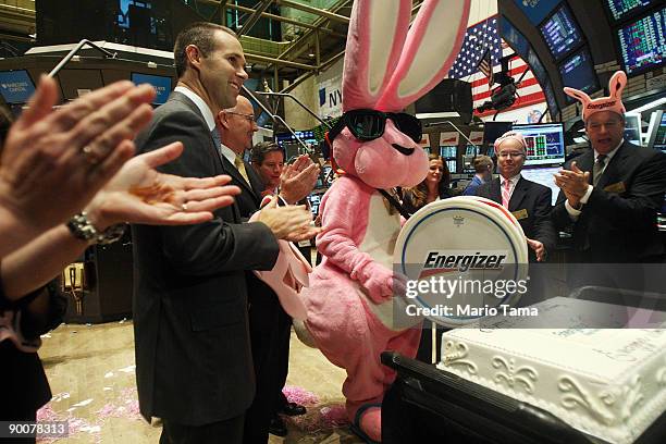 The Energizer Bunny appears on the floor of the New York Stock Exchange to celebrate the 20th birthday of the Energizer Bunny August 25, 2009 in New...