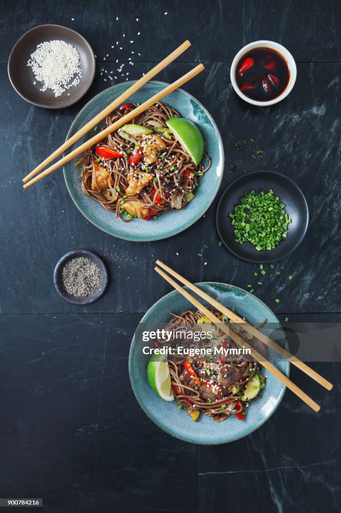 Japanese Yaki Soba noodles with chicken and vegetables