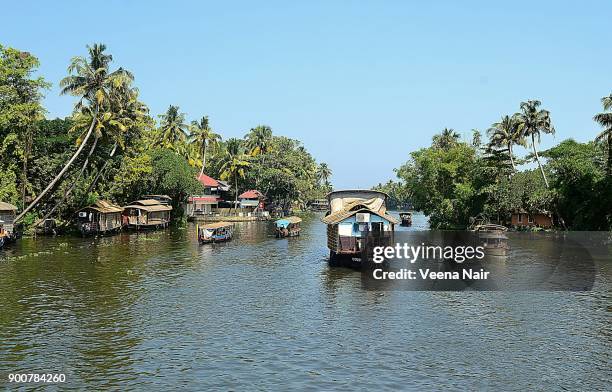 alleppey backwaters/alappuzha/houseboat-vembanad lake-kerala - vembanad lake stockfoto's en -beelden