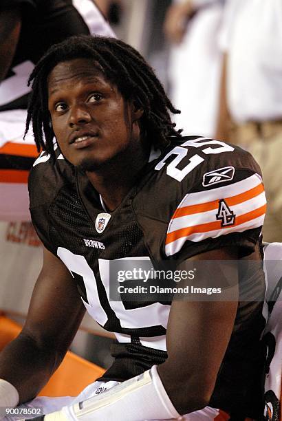 Linebacker Coye Francies of the Cleveland Browns watches the action during a preseason game on August 22, 2009 against the Detroit Lions at Cleveland...