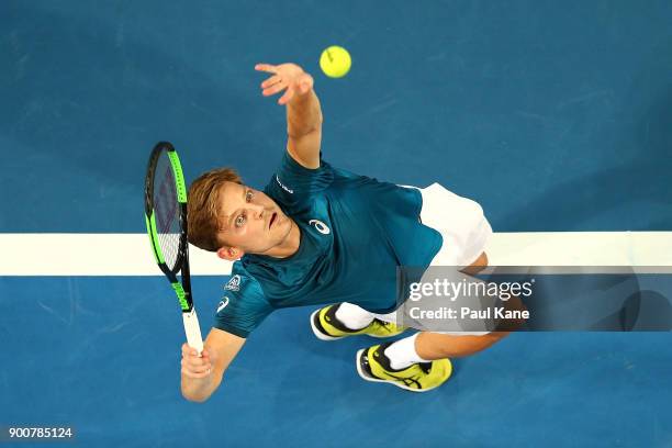 David Goffin of Belgium serves in his singles match against Thanasi Kokkinakis of Australia on day five of the 2018 Hopman Cup at Perth Arena on...