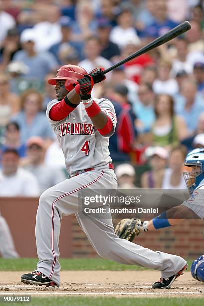 Brandon Phillips of the Cincinnati Reds swings at the pitch during the game against the Chicago Cubs on July 26, 2009 at Wrigley Field in Chicago,...