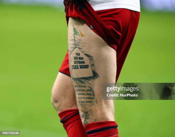 West Bromwich Albion's James McClean shows of his Tattoo during Premier League match between West Ham United against West Bromwich Albion at The...