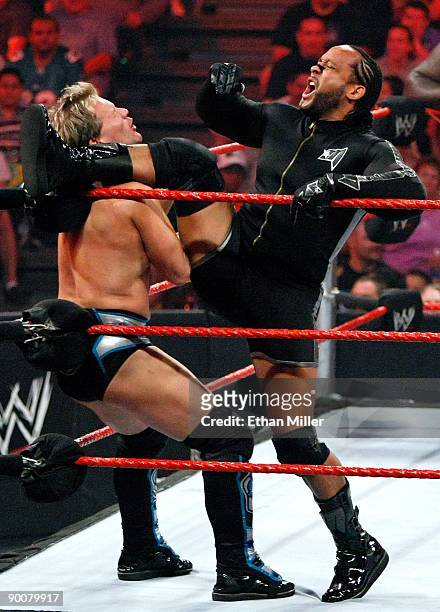 Wrestlers Chris Jericho and MVP compete during the WWE Monday Night Raw show at the Thomas & Mack Center August 24, 2009 in Las Vegas, Nevada.