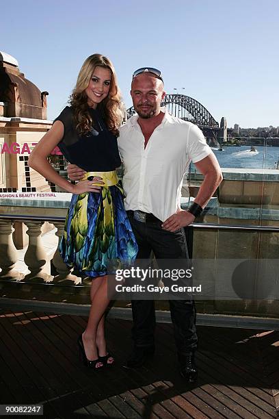 Miss Universe Australia Laura Dundovic and designer Alex Perry pose at the launch of ACP Magazine's "30 Days of Fashion & Beauty", a month long...