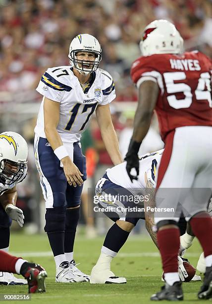 Quarterback Philip Rivers of the San Diego Chargers prepares to snap the ball during the NFL game against the Arizona Cardinals at the University of...