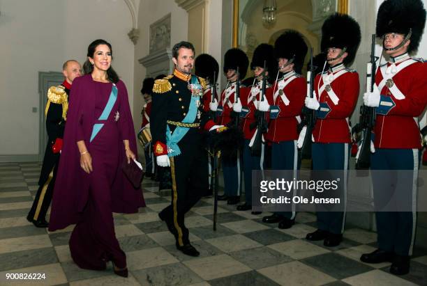 Crown Prince Frederik and Crown Princess Mary of Denmark arrive at the Traditional New Year's Banquet for foreign diplomats hosted by Queen Margrethe...