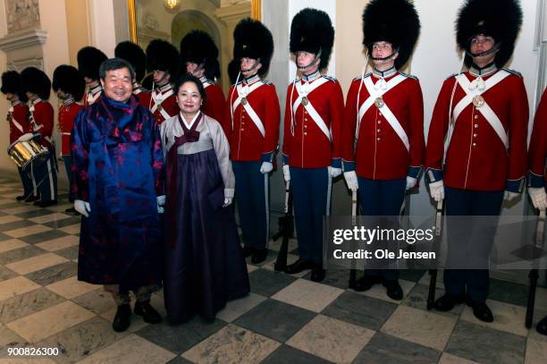 Ambassador of South Korea Jai Chui Choi and wife arrive in national costume at the Traditional New Year's Banquet for foreign diplomats hosted by...