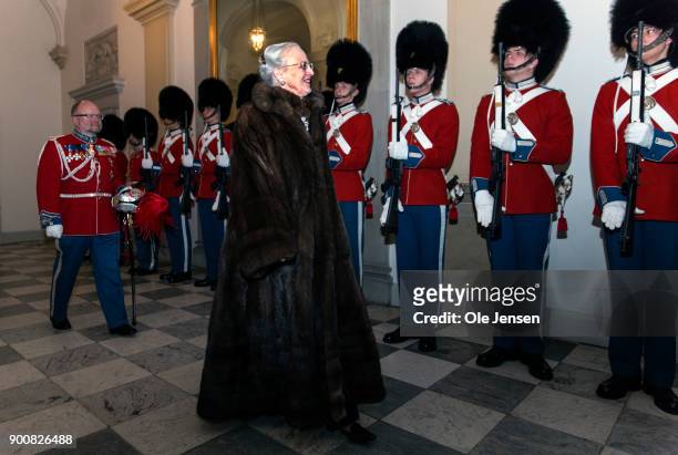 Queen Margrethe of Denmark arrives at the Traditional New Year's Banquet for foreign diplomats hosted by the Queen at Christiansborg Palace on...