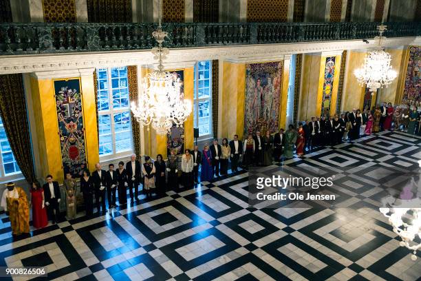 Ambassador's to Denmark are lined up to be welcomed by Queen Margrethe of Denmark at the Traditional New Year's Banquet for foreign diplomats hosted...