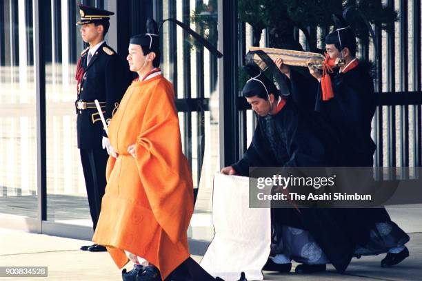 Crown Prince Naruhito is seen during the Ceremonial Investiture at the Imperial Palace on February 23, 1991 in Tokyo, Japan.