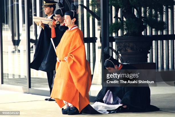 Crown Prince Naruhito is seen during the Ceremonial Investiture at the Imperial Palace on February 23, 1991 in Tokyo, Japan.