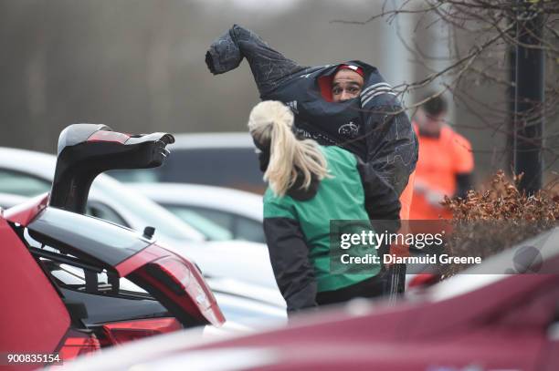 Limerick , Ireland - 3 January 2018; Simon Zebo in conversation with referee Joy Neville as he prepares for Munster Rugby squad training at the...