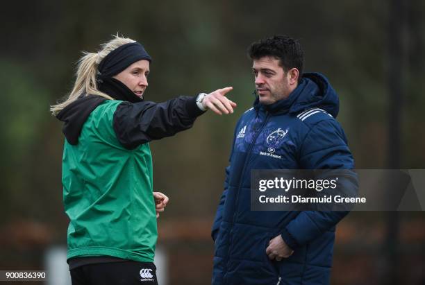 Limerick , Ireland - 3 January 2018; Referee Joy Neville in conversation with performance analyst George Murray during Munster Rugby squad training...