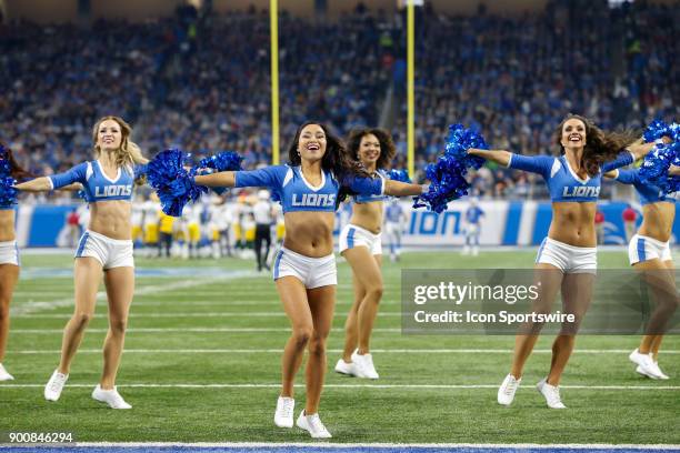 The Detroit Lions cheerleaders perform during a game between the Green Bay Packers and the Detroit Lions on December 31, 2017 at Ford Field in...