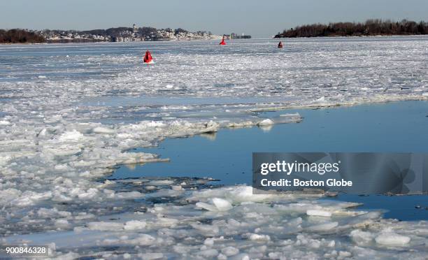 Ice at the Hingham Shipyard in Hingham, MA is pictured on Jan. 2, 2018. Ferry service was closed to riders because of weather.