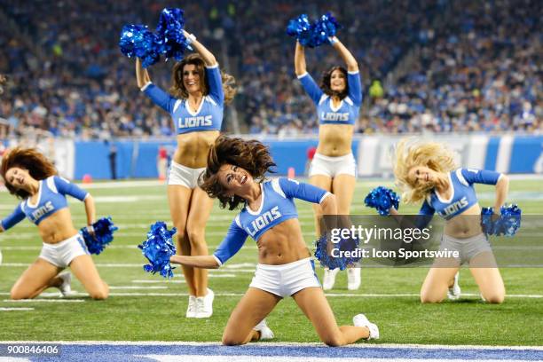 The Detroit Lions cheerleaders perform during a game between the Green Bay Packers and the Detroit Lions on December 31, 2017 at Ford Field in...