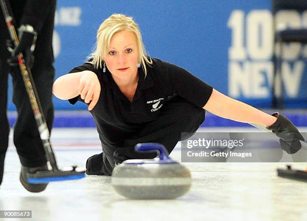 Brydie Donald of New Zealand compete in the Women's Curling during day five of the Winter Games NZ at Maniototo Ice Rink on August 26, 2009 in...
