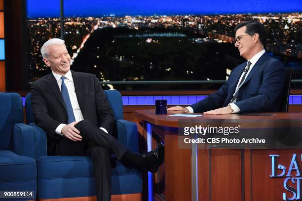 The Late Show with Stephen Colbert and guest Anderson Cooper during Tuesday's January 2, 2018 show.