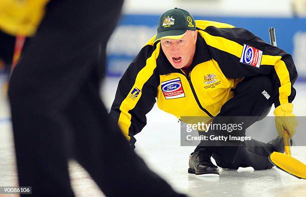 Hugh Millikin of Australia competes in the Men's Curling during day five of the Winter Games NZ at Maniototo Ice Rink on August 26, 2009 in Naseby,...