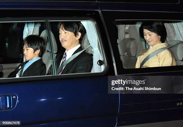 Prince Hisahito, Prince Akishino and Princess Kiko of Akishino are seen on arrival at the Imperial Palace on January 2, 2018 in Tokyo, Japan.