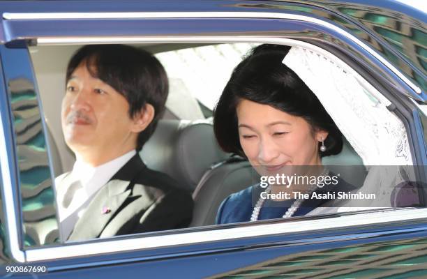 Prince Akishino and Princess Kiko of Akishino are seen on arrival at the Imperial Palace on January 2, 2018 in Tokyo, Japan.
