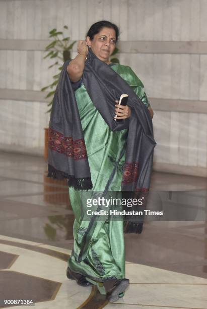 Union Minister of Defence of India Nirmala Sitharaman arrives to attend BJP Parliamentary Party Meeting in GMC Balayogi Auditorium Parliament Library...