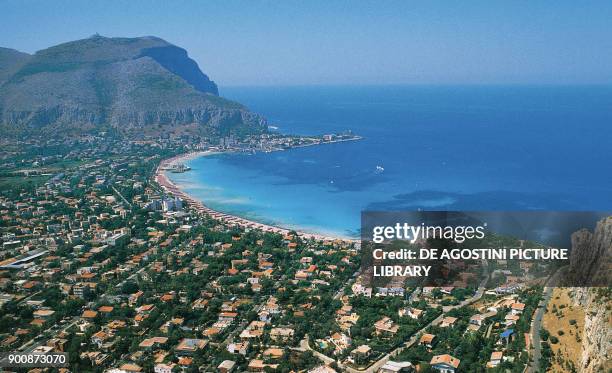 Aerial view of buildings along the coastline, Gulf of Mondello, Palermo, Sicily, Italy.