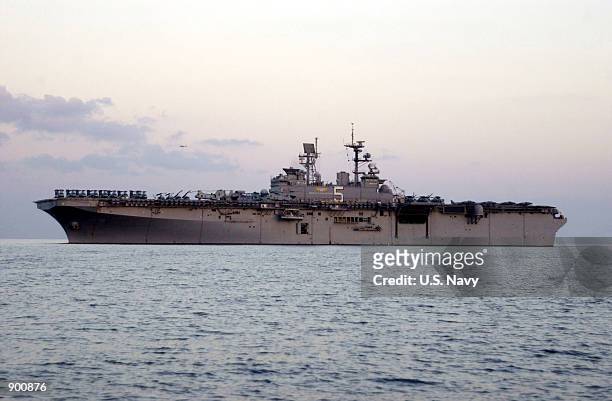 Bataan, on a six-month deployment in support of Operation Enduring Freedom, makes its way across sea, November 30, 2001.