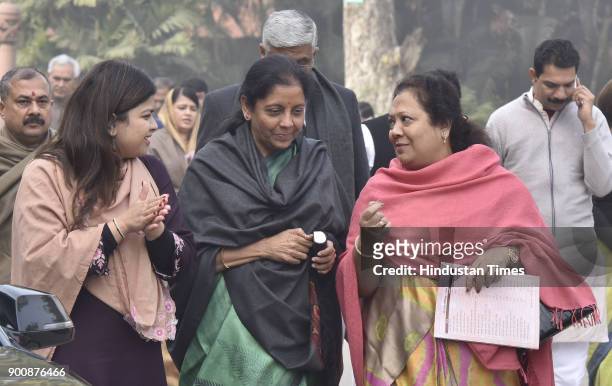 Union Minister of Defence of India Nirmala Sitharaman with Member of Parliament from Mumbai North Central Poonam Mahajan and other MPs leave after...