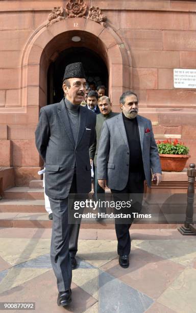 Leader of opposition in Rajya Sabha Ghulam Nabi Azad with Deputy Leader of Opposition in Rajya Sabha Anand Sharma leave after attending Parliament...