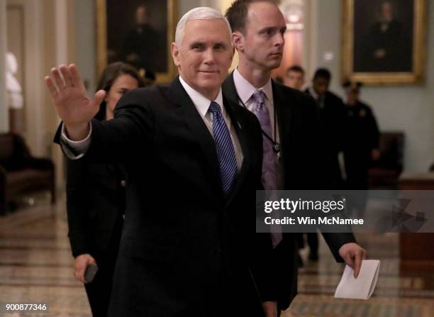 Vice President Mike Pence walks outside the U.S. Senate chamber in the U.S. Capitol January 3, 2018 in Washington, DC. Pence was at the Capitol to...