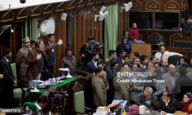 National Conference and Congress MLA's protesting inside the J&K Legislative assembly during the budget session on January 3, 2018 in Jammu, India.