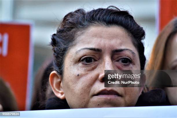 Woman looks on as demonstrators gathered to protest against Turkey's Presidency of Religious Affairs in Ankara, Turkey on January 3, 2018. The...