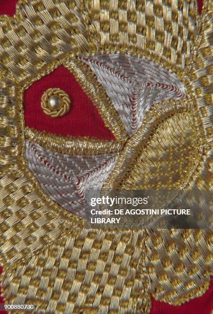 Gold thread embroidery on a traditional female costume of Piana degli Albanesi, Sicily, Italy. Detail.