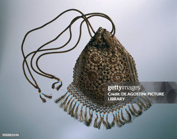 Bag in silk threads plated with silver, dark gold and copper, crocheted fringe and light blue and orange glass beads, 1890-1900, fashion accessories,...