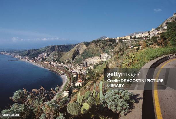 View of Giardini-Naxos and Taormina, Sicily, Italy.