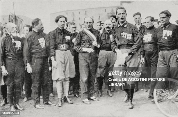 Bianchi, Mussolini and De Vecchi, the fascist leaders at the gathering in Naples, Italy, October 24 from L'Illustrazione Italiana, Year XLIX, No 45,...