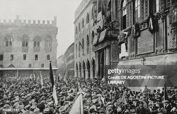 Unveiling of a plaque at Palazzo d'Accursio, 4th anniversary of national victory in World War I, Bologna, Italy, November 4 from L'Illustrazione...