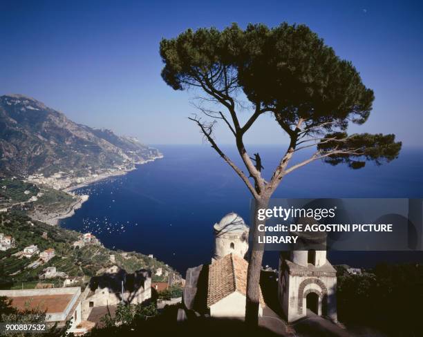 View of the Amalfi Coast from Villa Rufolo, with the bell tower and the dome of the Annunziata church in the foreground, Ravello, Amalfi Coast ,...