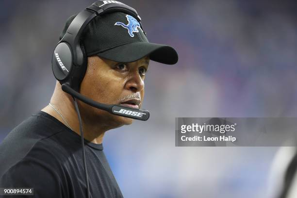 Detroit Lions head football coach Jim Caldwell watches the action during the third quarter of the game against the Green Bay Packers at Ford Field on...