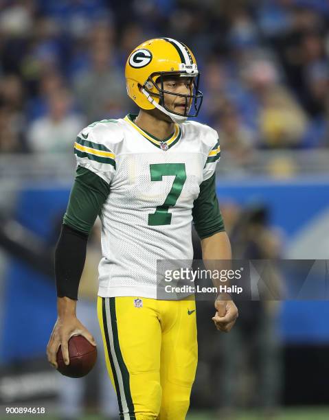 Brett Hundley of the Green Bay Packers drops back to pass during the third quarter of the game against the Detroit Lions at Ford Field on December...