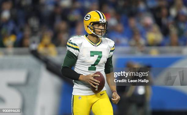 Brett Hundley of the Green Bay Packers drops back to pass during the third quarter of the game against the Detroit Lions at Ford Field on December...