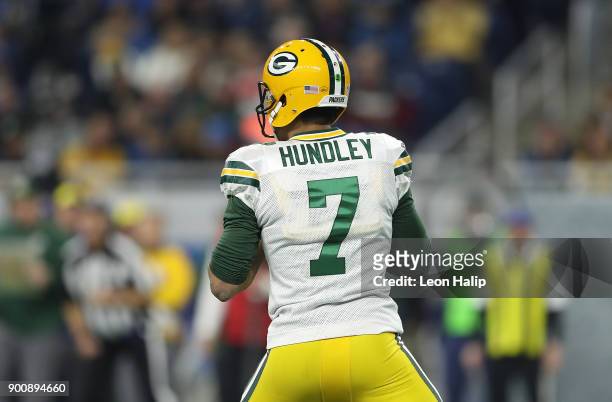 Brett Hundley of the Green Bay Packers drops back to pass during the third quarter of the game against the Detroit Lions at Ford Field on December...