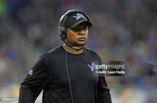 Detroit Lions head football coach Jim Caldwell watches the action from the sidelines during the fourth quarter of the game against the Green Bay...