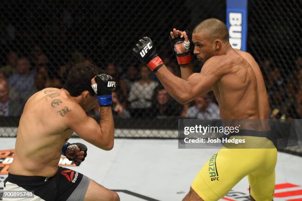 Edson Barboza faces Gilbert Melendez in their lightweight bout during the UFC Fight Night event at the United Center on July 23, 2016 in Chicago,...
