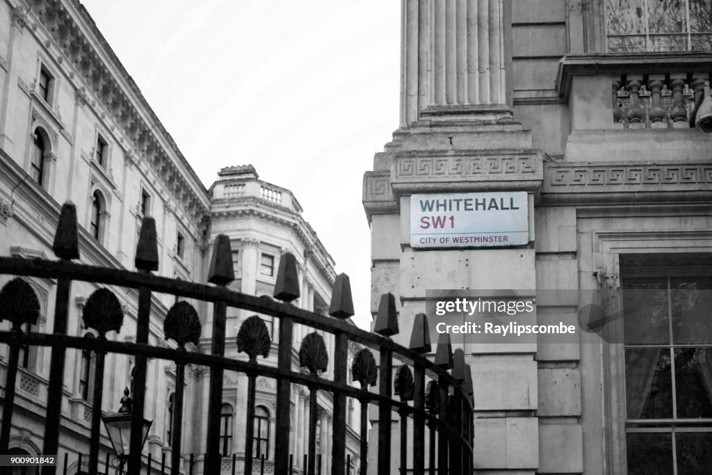 Whitehall sign outside Downing St, London